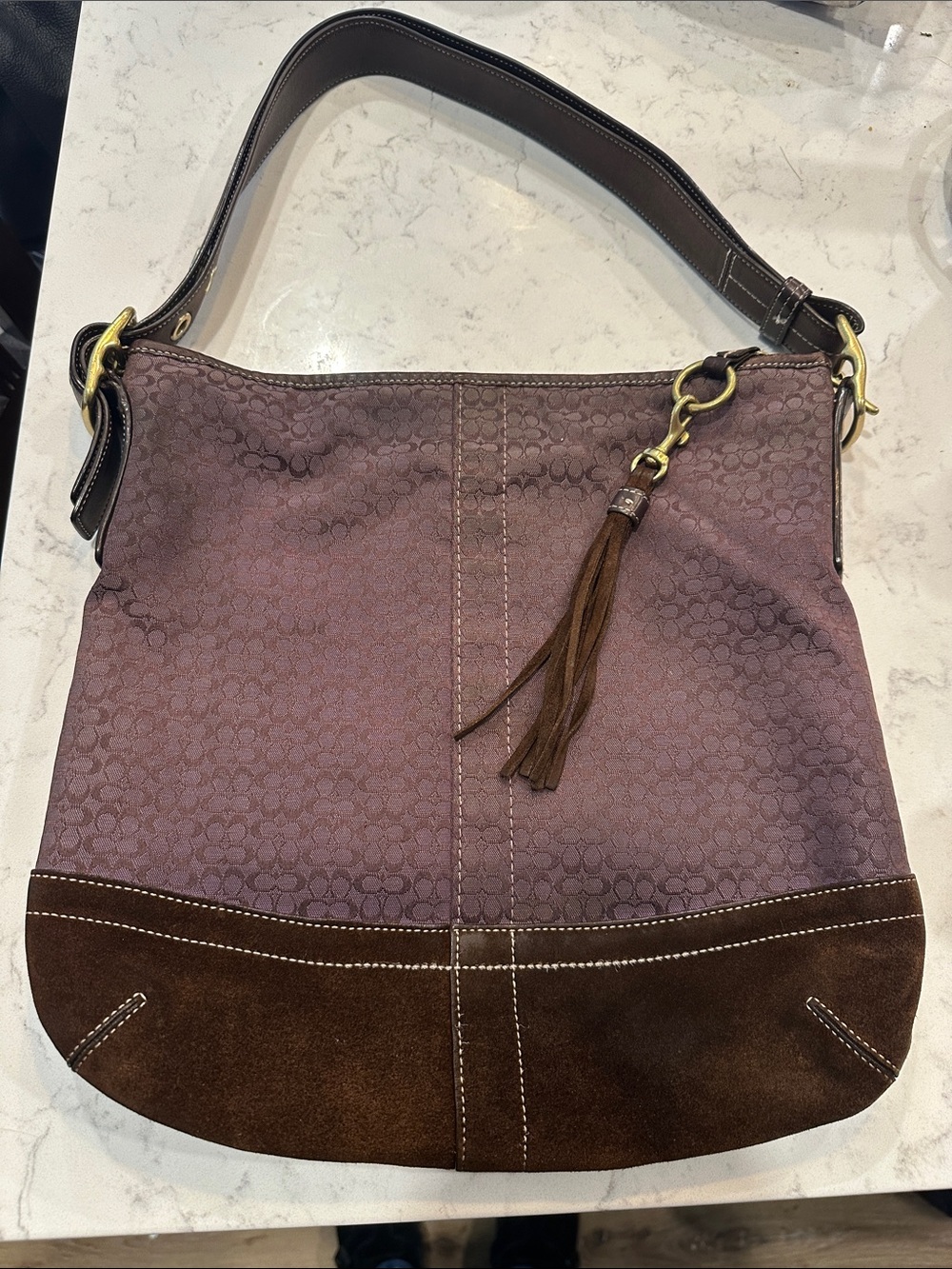Vintage Coach Purple Fabric & Brown Suede Shoulder Bag with Tassel